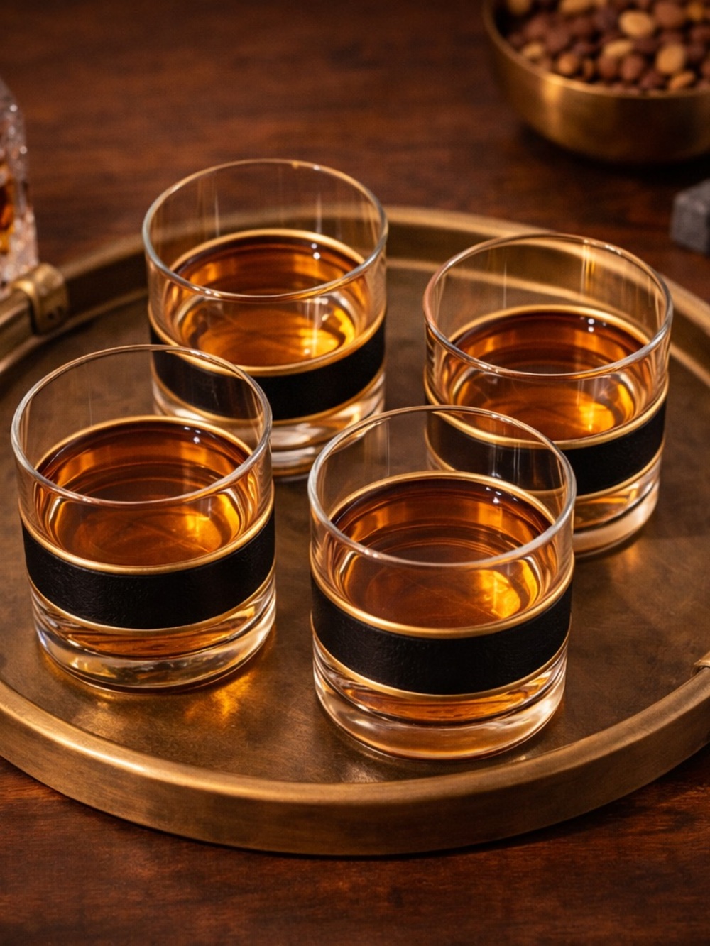 Set of 4 Coppercraft Guild whiskey glass w/removable faux leather & copper ring